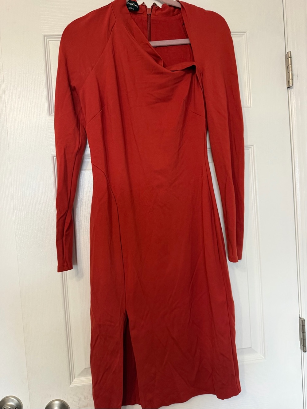 bebe Red Long Sleeve Midi Dress with Drape Neck